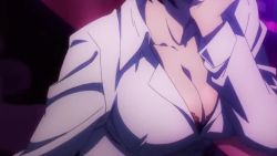 Rule 34 | 1girl, animated, bar (place), black hair, blush, bouncing breasts, bra, breast focus, breasts, chain sumeragi, cleavage, collarbone, kekkai sensen, large breasts, long sleeves, looking at viewer, purple eyes, seductive smile, shirt, short hair, smile, solo, unbuttoned, unbuttoned shirt, underwear, video, white shirt