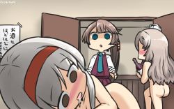 Rule 34 | 10s, 3girls, ass, blush, bottle, brown hair, commentary, dated, drooling, drunk, hairband, hamu koutarou, highres, indoors, kantai collection, kazagumo (kancolle), leg lift, light brown hair, long hair, looking at another, lying, multiple girls, nose blush, nude, on side, open door, open mouth, pola (kancolle), ponytail, sake bottle, school uniform, shaded face, shoukaku (kancolle), signature, silver hair, thighs, very long hair, yuri