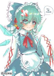 Rule 34 | 1girl, :3, @ @, absurdres, apron, bandages, blood, bloody bandages, blue bow, blue eyes, blue hair, blue skirt, blue vest, blush, bow, cirno, cowboy shot, dot nose, english text, frilled apron, frilled bow, frilled sleeves, frills, hair bow, highres, hikimayu, ice, ice wings, maid headdress, neck ribbon, red ribbon, ribbon, shirt, short hair, short twintails, skirt, sleeves past fingers, sleeves past wrists, speech bubble, thick eyebrows, touhou, twintails, twitter username, very long sleeves, vest, waist apron, white background, white shirt, wings, wwparasi