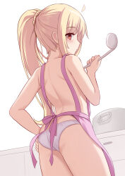 Rule 34 | 1girl, ahoge, apron, ass, back, bare shoulders, blonde hair, blush, bocchi the rock!, breasts, commentary request, cooking pot, highres, ijichi nijika, ladle, long hair, looking at viewer, looking back, milkshakework, nearly naked apron, panties, pink apron, red eyes, side ponytail, sidelocks, small breasts, solo, stove, thighs, underwear, white panties