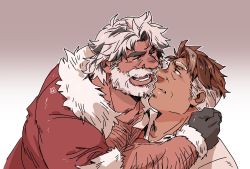 Rule 34 | 2boys, almond cookie, arm around shoulder, arm hair, bara, beard, blue eyes, brown hair, chest hair, cookie run, couple, dark-skinned male, dark skin, eggnog cookie, eye contact, facial hair, gamubear, imminent kiss, leaning on person, looking at another, male focus, mature male, multicolored hair, multiple boys, muscular, muscular male, mustache, old, old man, pectoral cleavage, pectorals, santa costume, short hair, sideburns, smile, thick eyebrows, two-tone hair, upper body, white hair, wrinkled skin, yaoi