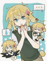 Rule 34 | !?, &gt; &lt;, ..., 1boy, animal ears, basil (faraway) (omori), basil (omori), blonde hair, blue eyes, blush, brown shorts, carrot, closed mouth, collared shirt, crying, crying with eyes open, flower, gongs0313, green sweater vest, hair flower, hair ornament, highres, kemonomimi mode, looking at viewer, omori, own hands together, rabbit boy, rabbit ears, rabbit tail, shirt, short hair, short sleeves, shorts, solo, something (omori), speech bubble, spoilers, spoken ellipsis, spoken interrobang, spoken sweatdrop, sweatdrop, sweater vest, tail, tears, white shirt
