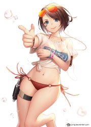 Rule 34 | 1girl, bare arms, barefoot, bikini, bikini under clothes, blue eyes, bracelet, breasts, brown hair, collarbone, commentary, commission, eyewear on head, gun, halterneck, highres, holster, holstered, jewelry, jurrig, large breasts, looking at viewer, navel, no pants, o-ring, o-ring bikini, original, pointing, pointing at viewer, red bikini, shirt, short hair, short sleeves, side-tie bikini bottom, simple background, smile, solo, string bikini, sunglasses, swimsuit, thigh strap, water drop, weapon, wet, wet clothes, wet shirt, white background, white shirt