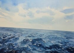 blue_sky cloud day highres horizon no_humans obanyaki ocean original painting_(medium) scenery sky sky_focus traditional_media water watercolor_(medium) waves