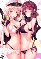 Rule 34 | 2girls, artist logo, asymmetrical docking, bikini, bikini skirt, bikini top lift, black bikini, black shirt, blush, bow, bow bra, bra, breast press, breasts, brown eyes, brown hair, clothes lift, commentary, cowboy shot, earrings, english commentary, epaulettes, fang, frilled bikini, frills, from side, frown, groin, gun, hair tie, hand on own chest, handgun, haruka natsuki, hat, highres, holding, horns, jacket, jacket on shoulders, jewelry, large breasts, lifting another&#039;s clothes, lips, long hair, looking at viewer, low twintails, military, military jacket, military uniform, multiple girls, navel, open mouth, original, peaked cap, red eyes, shirt, side-tie bikini bottom, silver hair, skindentation, smile, sparkle, standing, sweat, swimsuit, thighs, twintails, underwear, uniform, weapon, white bikini, white hat, white jacket