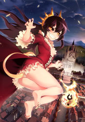 Rule 34 | 1boy, 1girl, ahoge, ass, bare legs, barefoot, black hair, black nails, black sclera, breasts, building, castle, center opening, choker, christina (tanaka the wizard), cityscape, claw pose, colored sclera, cross-laced clothes, dragon girl, dress, evil grin, evil smile, feet, fingernails, fireball, floating, floating hair, flying, frilled dress, frilled sleeves, frills, from behind, full body, gate, grin, hair between eyes, highres, house, legs together, light particles, long fingernails, long hair, long toenails, looking at viewer, looking back, m-da s-tarou, mountain, nail polish, night, night sky, no bra, outdoors, panties, pantyshot, red dress, rooftop, sharp fingernails, sharp toenails, sky, slit pupils, small breasts, smile, soles, solo focus, spire, tail, tanaka the wizard, teeth, toenails, toes, town, tree, underwear, wall, yellow eyes, yoshio tanaka