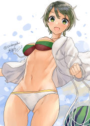 Rule 34 | 1girl, :d, artist name, bikini, black hair, blush, breasts, collarbone, cowboy shot, food, fruit, green eyes, highres, jacket, kantai collection, long sleeves, medium breasts, mizuta kenji, mogami (kancolle), navel, one-hour drawing challenge, open clothes, open jacket, open mouth, short hair, smile, solo, swimsuit, twitter username, watermelon, white jacket