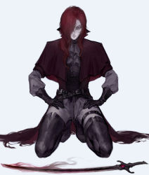 Rule 34 | 1boy, belt, black footwear, boots, capelet, coat, ascot, hair over one eye, highres, kneeling, long hair, looking at viewer, male focus, nat the lich, original, pale skin, pants, red eyes, red hair, renard beauchene (nat the lich), solo, sword, thigh boots, thighhighs, weapon, white pants