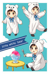 Rule 34 | 1boy, aged down, animal costume, bear costume, black hair, bow, brown eyes, child, drooling, english text, food, highres, katsuki yuuri, male focus, mouth drool, shaved ice, sitting, spoon, standing, standing on one leg, table, twc (p-towaco), yuri!!! on ice