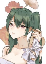 Rule 34 | 1girl, alternate breast size, alternate costume, breasts, brown eyes, cleavage, dress, flower, green hair, hair between eyes, kantai collection, long hair, looking at viewer, neko (ganecooo), off-shoulder dress, off shoulder, simple background, solo, twintails, upper body, white background, zuikaku (kancolle)