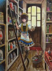 Rule 34 | 1girl, apron, artist name, basket, book, book stack, bookshelf, boots, brown hair, cage, dagger, dated, door, dress, feathers, full body, hat, holding, indoors, jar, knife, ladder, looking at viewer, medium hair, on ladder, open mouth, original, puffy sleeves, red carpet, shelf, shop, short sleeves, signature, skirt, solo, striped, table, tablecloth, tafuto, traditional media, vial, weapon, window