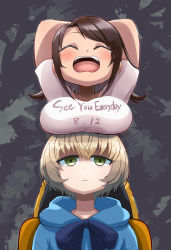 Rule 34 | 2girls, arms behind head, arms up, breast envy, breast rest, breasts, breasts on head, brown hair, chair, closed eyes, closed mouth, clothes writing, cue!, grief loss, highres, large breasts, multiple girls, myojin rinne, no uvula, open mouth, shaded face, short hair, sitting, standing, tears, teeth, toomi mei
