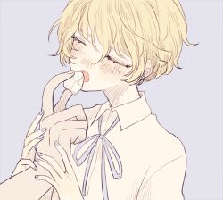 Rule 34 | 1boy, 1girl, 382, blonde hair, blue nails, blue ribbon, blush, closed eyes, collared shirt, commentary request, feeding, food, highres, holding, holding food, nail polish, neck ribbon, open mouth, original, out of frame, purple background, ribbon, shirt, short hair, simple background, solo focus, upper body, white shirt