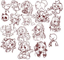 Rule 34 | 1boy, 6+girls, ^ ^, absurdres, ahoge, alternate hairstyle, animal ear fluff, animal ears, banana costume, bandaid, bandaid on face, bow, braid, bsapricot, apricot the lich, character request, chibi, closed eyes, commentary, corn dog, cosplay, dab (dance), dodo (bird), dog, eating, english commentary, english text, fang, food, fox ears, fox girl, hair bow, highres, holding, holding food, hololive, horns, indie virtual youtuber, lich, mario, mario (cosplay), mario (series), melody (projektmelody), monochrome, mouse ears, multiple girls, muscular, muscular female, nintendo, nyatasha nyanners, open mouth, panda, rabbit, shirakami fubuki, short hair, sketch, tongue, tongue out, twin braids, virtual youtuber, vshojo, zentreya