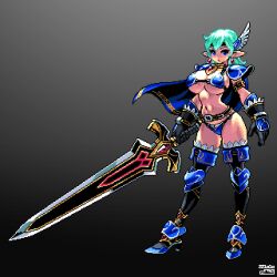 Rule 34 | 1girl, aqua hair, armor, bikini, blue bikini, blue eyes, breasts, cape, earrings, full body, gloves, gradient background, high heels, highres, holding, holding sword, holding weapon, huge weapon, jewelry, large breasts, mabius, navel, original, pauldrons, pixel art, pointy ears, shoulder armor, simple background, solo, standing, swimsuit, sword, thighhighs, weapon