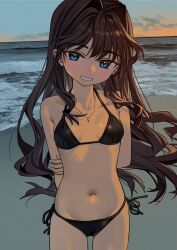 Rule 34 | 1girl, beach, bikini, black bikini, black hair, blue eyes, blush, breasts, breasts apart, commentary request, cowboy shot, elisia valfelto, grin, groin, hair intakes, highres, holding own arm, horizon, jewelry, long hair, looking ahead, looking at viewer, luicent, navel, ocean, original, outdoors, pendant, sky, small breasts, smile, solo, stomach, straight-on, swimsuit, twilight