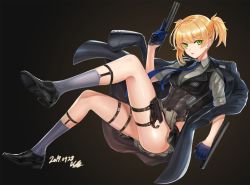 Rule 34 | 1girl, artist name, blonde hair, blue gloves, bolt action, breasts, collared shirt, corset, dated, full body, girls&#039; frontline, gloves, green eyes, grey legwear, grey shirt, gun, half gloves, handgun, holding, holding gun, holding weapon, integral suppressor, integrally-suppressed firearm, jacket, jacket on shoulders, loafers, looking at viewer, medium breasts, mhg (hellma), parted lips, pinstripe pattern, pinstripe vest, ribbed legwear, shirt, shoes, short twintails, sidelocks, signature, sleeves rolled up, solo, striped, suppressor, thigh strap, thighs, twintails, vest, weapon, welrod, welrod mk ii, welrod mkii (girls&#039; frontline)