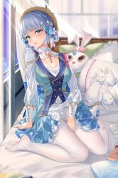 Rule 34 | 1girl, :d, :p, arm support, ayaka (genshin impact), bed, bed sheet, between legs, blue bow, blue bowtie, blue dress, blue hair, blunt bangs, blurry, blurry background, bow, bowtie, breasts, brown hat, butterfly hair ornament, curtains, dress, feet, flower, genshin impact, hair ornament, hand between legs, hat, hat flower, highres, indoors, kamisato ayaka, kamisato ayaka (springbloom missive), kousaki natsu, legs, light blue hair, long sleeves, looking at viewer, medium breasts, multicolored clothes, multicolored dress, neck tassel, no shoes, official alternate costume, official alternate hairstyle, open mouth, pillow, puffy long sleeves, puffy sleeves, sitting, smile, solo, stuffed animal, stuffed rabbit, stuffed toy, toes, tongue, tongue out, wariza, window