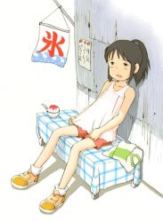 Rule 34 | 00s, 1girl, against wall, artist request, bare shoulders, brown eyes, brown hair, child, collarbone, exhausted, food, ice cream, ogino chihiro, outdoors, ponytail, sen to chihiro no kamikakushi, shaved ice, shoes, shorts, sign, sitting, socks, solo, studio ghibli, sundae, tank top, white socks