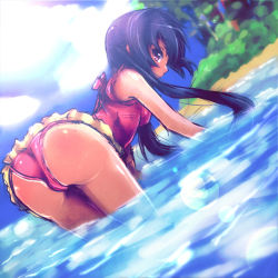 Rule 34 | 1girl, ass, bent over, black hair, casual one-piece swimsuit, cloud, day, dutch angle, k-on!, long hair, looking back, md5 mismatch, nakano azusa, one-piece swimsuit, profile, purple eyes, skirt, solo, swimsuit, tan, tanashi (mk2), twintails, wading, water
