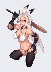 Rule 34 | 1girl, bikini, black bikini, black thighhighs, blue eyes, breasts, cleavage, contrapposto, copyright request, cowboy shot, cropped legs, elbow gloves, gauntlets, gloves, grey background, hair ribbon, hairband, hand up, large breasts, long hair, navel, parted bangs, parted lips, pointy ears, raion (soraelf), ribbon, sidelocks, simple background, sketch, solo, standing, string bikini, swimsuit, sword, thighhighs, weapon, white bikini, white hair