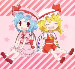 Rule 34 | 2girls, :d, ^ ^, album cover, ascot, bat wings, blonde hair, blue eyes, blush, brooch, closed eyes, cover, closed eyes, fang, female focus, flandre scarlet, happy, hat, hat ribbon, jewelry, multiple girls, open mouth, red eyes, remilia scarlet, ribbon, shirt, siblings, sisters, sitting, skirt, skirt set, smile, star (symbol), touhou, v arms, vest, wings, yamabuki (yusuraume)