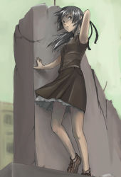 Rule 34 | 1girl, black hair, dress, original, ruins, solo, tea (nakenashi), wall