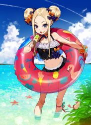 Rule 34 | abigail williams (fate), absurdres, adapted costume, alternate hairstyle, animal, bare shoulders, beach, bikini, bird, black bikini, blue sky, bow, cloud, cloudy sky, collarbone, commentary request, crab, day, double bun, eating, eyes visible through hair, fate/grand order, fate (series), flamingo, food, food on face, forehead, hair bow, hair bun, hair ornament, highres, holding, ice cream, in water, leaf, leg ribbon, looking at viewer, medium hair, multiple hair bows, navel, ocean, official alternate costume, open mouth, orange bow, parted bangs, plant, purple bow, purple eyes, ribbon, scrunchie, sidelocks, sky, solo, standing, starfish, stomach, swimsuit, two-tone ribbon, wading, water, wrist scrunchie, yuu (higashi no penguin)