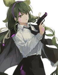 Rule 34 | 1girl, absurdres, alternate costume, bad id, bad pixiv id, black jacket, black necktie, black skirt, blood, blood on clothes, blood on hands, chabashira tenko, closed mouth, collared shirt, commentary request, cowboy shot, danganronpa (series), danganronpa v3: killing harmony, green hair, grey background, gun, hair ornament, hairband, handgun, highres, holding, holding gun, holding weapon, jacket, jacket on shoulders, long hair, long sleeves, looking at viewer, necktie, null (skev7724), pink blood, pink hairband, shirt, shirt tucked in, simple background, skirt, smile, solo, weapon, white shirt