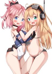 Rule 34 | 2girls, albacore (azur lane), azur lane, bare legs, bikini, blonde hair, blue eyes, blush, bow, breasts, child, dace (azur lane), detached collar, green eyes, hair between eyes, hair bow, headphones, highres, long hair, looking at viewer, looking to the side, medium breasts, mochiyuki, multiple girls, navel, one-piece swimsuit, open mouth, pink hair, simple background, small breasts, standing, striped bikini, striped clothes, swimsuit, very long hair, white background