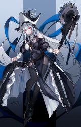 Rule 34 | 1girl, absurdres, arknights, bare shoulders, black dress, black footwear, black headwear, black pantyhose, blue background, boots, breasts, circular saw, clothing cutout, dress, frilled dress, frills, full body, gradient background, grey background, grey hair, harukan tiusu, highres, holding, holding weapon, knee boots, long hair, long sleeves, looking at viewer, medium breasts, pantyhose, parted lips, pelvic curtain, red eyes, saw, shoulder cutout, signature, skirt hold, solo, specter (arknights), specter the unchained (arknights), very long hair, weapon