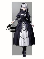Rule 34 | 1girl, absurdres, bird, black bird, black dress, cage, closed mouth, dress, earrings, emo37337640, full body, hair over one eye, highres, holding, holding cage, jewelry, long sleeves, looking at viewer, original, pointy ears, purple eyes, solo, white hair