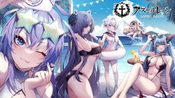 Rule 34 | 6+girls, ;3, ass, august von parseval (azur lane), azur lane, beach, bikini, black bikini, black horns, blonde hair, blue eyes, blue hair, blue nails, blue sailor collar, breasts, brown hair, cocktail, cocktail glass, collar, commentary request, crossed bangs, crossed legs, cup, curled horns, danimaru, double bun, dragon girl, dragon horns, drinking glass, eyewear on head, food, hair bun, hair over one eye, harbin (azur lane), harbin (union between sea and sky) (azur lane), hat, highres, holding, holding food, holding phone, holding popsicle, holding swim ring, horns, implacable (azur lane), innertube, jade (a lick of summer) (azur lane), jade (azur lane), large breasts, logo, long hair, looking at viewer, manjuu (azur lane), mechanical tail, medium breasts, multiple girls, navel, new jersey (azur lane), new jersey (midsummer leisure) (azur lane), official alternate costume, official art, one-piece swimsuit, one eye closed, outdoors, phone, pointy ears, popsicle, red nails, regensburg (azur lane), regensburg (dark dragon brilliant beach) (azur lane), sailor collar, sand, slingshot swimsuit, slit pupils, spiked collar, spikes, standing, star-shaped eyewear, star (symbol), stomach, sun hat, swim ring, swimsuit, tail, torpedo, water, white hair, white headwear, white one-piece swimsuit, yellow bikini, yellow eyes