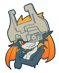 Rule 34 | 1girl, black skin, breasts, cleavage, colored sclera, colored skin, crossed arms, demon girl, female focus, flat color, grey headwear, grin, hand up, happy, helmet, long hair, looking at viewer, lowres, midna, multicolored skin, nintendo, one eye covered, orange hair, red eyes, simple background, sketch, small breasts, smile, solo, teeth, the legend of zelda, the legend of zelda: twilight princess, two-tone skin, ukata, upper body, white background, white skin, yellow sclera