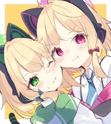 Rule 34 | 2girls, :t, animal ear headphones, animal ears, blonde hair, blue archive, blue necktie, border, bow, cat ear headphones, cat tail, collared shirt, fake animal ears, framed, green bow, green eyes, hair bow, halo, headphones, highres, jacket, kyuukon (qkonsan), looking at viewer, midori (blue archive), momoi (blue archive), multicolored clothes, multicolored jacket, multiple girls, necktie, one eye closed, outside border, parted bangs, pink eyes, red bow, shirt, siblings, sisters, smile, suspenders, tail, twins, white jacket, white shirt