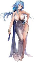 Rule 34 | 1girl, alternate costume, armlet, bad link, bare shoulders, blue eyes, blue hair, blush, bracelet, braid, breasts, cleavage, closed mouth, collarbone, dress, earrings, female focus, folded fan, folding fan, full body, goddess of victory: nikke, gold trim, hair ornament, hand fan, hand on own hip, helm (chandelier) (nikke), helm (nikke), highres, holding, jewelry, kkuem, large breasts, long hair, looking at viewer, matching hair/eyes, necklace, official art, shiny skin, side slit, simple background, sleeveless, sleeveless dress, solo, thigh strap, thighs, third-party source, toeless footwear, toes, transparent background, white background