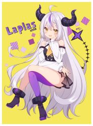 Rule 34 | 1girl, ahoge, ankle cuffs, ayamisiro, bare shoulders, black horns, braid, braided bangs, breasts, character name, detached sleeves, grey hair, highres, hololive, horns, la+ darknesss, la+ darknesss (1st costume), long hair, looking at viewer, multicolored hair, open mouth, pointy ears, purple hair, small breasts, smile, solo, streaked hair, striped horns, tail, virtual youtuber, yellow eyes