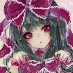 Rule 34 | 1girl, blood, blood on hands, blunt bangs, bow, eyelashes, eyeshadow, frills, front ponytail, green hair, grey background, hair bow, hands up, head tilt, highres, kagiyama hina, kyogoku-uru, looking at viewer, makeup, parted lips, portrait, red bow, red eyes, signature, simple background, solo, touhou, upper body