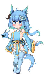 Rule 34 | 1girl, absurdres, bailingxiao jiu, bare shoulders, black ribbon, blue eyes, blue footwear, blue hair, blue leotard, blue sleeves, blue thighhighs, blush, boots, braid, breasts, closed mouth, curled horns, detached sleeves, full body, gluteal fold, gradient hair, green hair, groin, hair ornament, hair ribbon, highres, horns, leotard, long hair, long sleeves, looking at viewer, multicolored hair, original, ribbon, side braid, simple background, single braid, single horn, sleeves past fingers, sleeves past wrists, small breasts, smile, solo, standing, tail, thigh boots, thigh gap, thighhighs, white background, wide sleeves