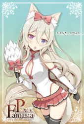 Rule 34 | 1girl, animal ears, bad id, bad pixiv id, bare shoulders, black thighhighs, blonde hair, blue eyes, bow, breasts, character name, chestnut mouth, cleavage, cleavage cutout, clothing cutout, detached sleeves, fang, fingerless gloves, frown, gloves, hair bow, heterochromia, kaworu (1030), long hair, looking at viewer, miniskirt, mochizuki izayoi, open mouth, pixiv fantasia, pixiv fantasia fallen kings, pleated skirt, purple eyes, skirt, solo, tail, thighhighs, very long hair, wolf ears, wolf tail
