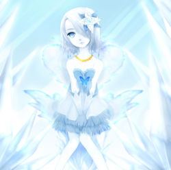 Rule 34 | 1girl, bad id, bad pixiv id, bare shoulders, blue eyes, bug, butterfly, dress, elbow gloves, gloves, hair over one eye, head tilt, ice, bug, jewelry, mabinogi, meimone, mirror witch (mabinogi), necklace, pale skin, short dress, sleeveless, sleeveless dress, solo, standing, strapless, strapless dress, white hair