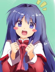 Rule 34 | 1girl, :d, absurdres, blue eyes, blue hair, blurry, blush stickers, ca2la, capelet, clenched hands, commentary request, depth of field, dress, eyelashes, eyes visible through hair, green background, hair between eyes, hair intakes, hands up, happy, highres, kanon, long hair, long sleeves, looking at viewer, minase nayuki, notice lines, open mouth, red dress, school uniform, sidelocks, simple background, sketch, smile, solo, straight-on, straight hair, teeth, upper body, upper teeth only, very long hair, white capelet