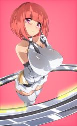 Rule 34 | 1girl, aikawa aika, alice gear aegis, alternate breast size, arm under breasts, bare shoulders, between breasts, black necktie, blunt bangs, blush, bodysuit, braid, breasts, closed mouth, collarbone, covered erect nipples, finger to cheek, foreshortening, french braid, from above, halterneck, head tilt, highres, hoop, large breasts, looking at viewer, looking up, medium hair, necktie, necktie between breasts, pink background, pink hair, puffy nipples, purple eyes, rqm55, simple background, skirt, smile, solo, standing, thick thighs, thighhighs, thighs, white bodysuit, white skirt, white thighhighs