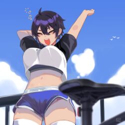 Rule 34 | 1girl, :d, ahoge, arms up, black hair, blue shorts, blue sky, blue thighhighs, blush, bra, breasts, closed eyes, cloud, hair between eyes, hunyan, large breasts, midriff, navel, open mouth, original, shirt, short sleeves, shorts, sky, smile, solo, stretching, thighhighs, underwear