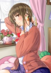 Rule 34 | 1girl, bad id, bad pixiv id, blush, brown eyes, brown hair, cardigan, carrot, clock, curtains, dress shirt, earrings, food-themed earrings, jewelry, open cardigan, open clothes, original, shirt, sitting, skirt, smile, solo, window, yoropa