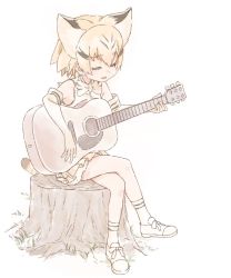 Rule 34 | 10s, 1girl, acoustic guitar, animal ears, bow, bowtie, cat ears, cat tail, closed eyes, crossed legs, elbow gloves, gloves, guitar, holding, holding instrument, instrument, kemono friends, megumegu hosi 117, mewhan, music, muted color, open mouth, playing instrument, sand cat (kemono friends), shoes, short hair, sitting, skirt, sleeveless, socks, solo, tail, tree stump, white background