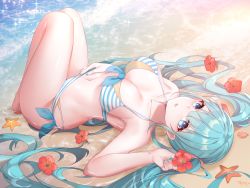 Rule 34 | 1girl, :d, aqua eyes, aqua hair, aqua nails, beach, bikini, breasts, flower, full body, hair flower, hair ornament, hand up, hatsune miku, hibiscus, highres, knees up, lingshalan, long hair, looking at viewer, lying, medium breasts, nail polish, on back, open mouth, outdoors, red flower, smile, solo, starfish, strap gap, striped bikini, striped clothes, swimsuit, thighs, twintails, very long hair, vocaloid, water