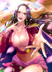 Rule 34 | 1girl, black hair, blue eyes, boa hancock, breasts, cape, cleavage, collarbone, commentary request, crop top, earrings, epaulettes, eyelashes, fingernails, floating hair, forehead, gold earrings, hand up, jewelry, large breasts, light particles, light rays, lips, long hair, long sleeves, looking at viewer, midriff, moroi, nail polish, navel, one piece, open mouth, outstretched arm, outstretched hand, parted bangs, petals, purple cape, purple nails, reaching, reaching towards viewer, red sarong, red shirt, sarong, shirt, sidelocks, signature, sitting, smile, snake earrings, solo, stomach, teeth, tongue, upper teeth only