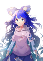 Rule 34 | 1girl, absurdres, blue bow, blue eyes, blue hair, blue skirt, blurry, bow, cowboy shot, debt, depth of field, grey hoodie, hair bow, highres, hood, hoodie, kuma-ra, long hair, long sleeves, looking at viewer, open mouth, simple background, skirt, solo, standing, touhou, very long hair, white background, yorigami shion