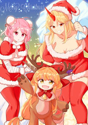 Rule 34 | 3girls, :o, ahoge, animal costume, antlers, arm up, bandaged arm, bandages, bare shoulders, bell, blonde hair, bow, bowtie, breasts, bun cover, capelet, christmas, collar, collarbone, commentary, deer tail, double bun, dress, fake antlers, fangs, feet out of frame, fugaku (miko no miyatsuguchi), fur-trimmed capelet, fur-trimmed dress, fur-trimmed headwear, fur-trimmed sleeves, fur cuffs, fur trim, grin, hair bow, hair bun, hat, highres, holding, holding sack, horn ornament, horn ribbon, horns, hoshiguma yuugi, ibaraki kasen, ibuki suika, knees together feet apart, large breasts, long hair, looking at viewer, low-tied long hair, merry christmas, multiple girls, off-shoulder dress, off shoulder, oni, open mouth, orange hair, outstretched arm, pink eyes, pink hair, pointy ears, purple ribbon, red bow, red capelet, red dress, red eyes, red headwear, red horns, red legwear, red neckwear, reindeer antlers, reindeer costume, ribbon, sack, santa costume, santa hat, short dress, short hair, sidelocks, single horn, size difference, smile, smirk, sparkle, swept bangs, tail, thighhighs, touhou, very long hair, waving, white ribbon, wrist cuffs, yellow eyes